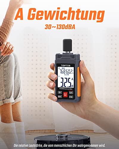 Dezibel Meter, TopTes TS-501B Sound Level Meter with 2.24" LCD Backlit A/C Weighted Range 30-130dB MAX/MIN Data Storage - Orange
