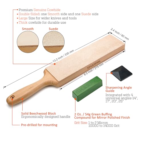 SHARPAL 205H Double-Sided Leather Strop (330 x 60 mm) Kit with 53g Polishing Paste & Angle Guide, Honing Knives | Genuine Cowhide Leather Painting Pad with 57g Polishing Compound and Angle Guide, Knife Strop for Honing Knives, Tools