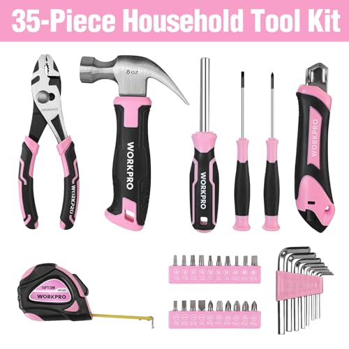 WORKPRO 35-Piece Pink Tools Set, Household Tool Kit with Storage Toolbox, Basic Tool Set for Home, Garage, Apartment, Dorm, New House, Back to School - Pink Ribbon