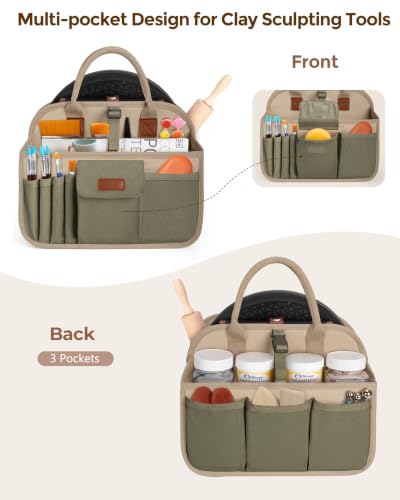 Pottery Tool Organizer Bag, Art Supply Studio Bag, Clay Tool Storage Caddy Khaki+Green