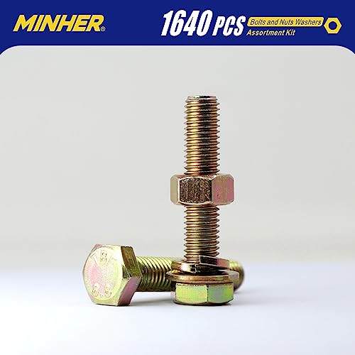MINHER 1640PCS M4 M5 M6 Bolts and Nuts Assortment Kit Grade 8.8 Alloy Steel Hex Screws Nuts & Washers,Includes 15 Regular Sizes (Large Box) M4, M5, M6 (1640PCS)