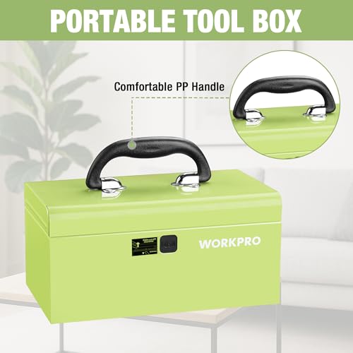 WORKPRO 10.8" Mini Metal Tool Box with Removable Tray Macaron Green