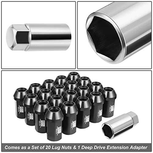 J2 Engineering J2-LN-T7-038-125-BK M12 x 1.25 T6-7075 Aluminum 42mm Closed End Lug Nuts w/Deep Drive Extension Adapter,Black,25mm x 42mm
