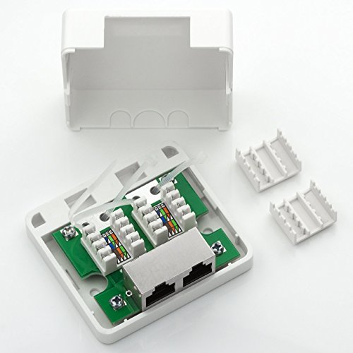deleyCON CAT 6a Network Socket 2x RJ45 Socket FTP 10 Gbit, Pack of 4 - White | Shielded, surface-mounted mounting, Ethernet network LAN socket, RAL 9003 4 pieces