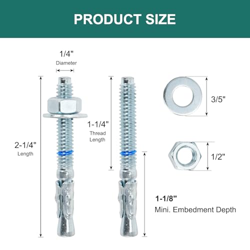 1/4" x 2-1/4" Concrete Anchors (50 Pack) 1/4 inch Wedge Anchors Bolts Zinc Plated 1/4"x2-1/4"
