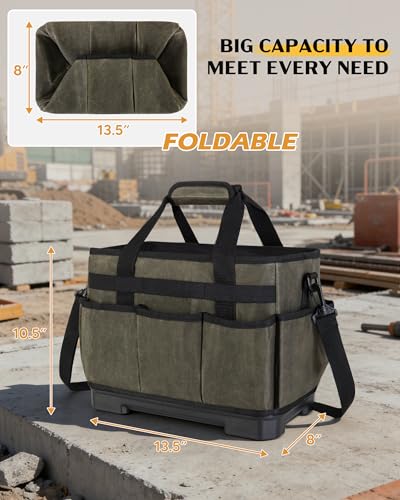 Marscamd Waxed Canvas Tool Bag with Hard Bottom and 8 Pockets Dark Green