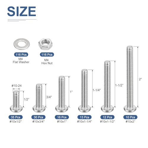DTGN 348Pcs Nuts and Bolts Assortment Kit, #10-24 Phillips Pan Head Machine Screws, 304 Stainless Steel Screws 1/2", 3/4", 1", 1-1/4", 1-1/2", 2" Assortment Kit with Washers