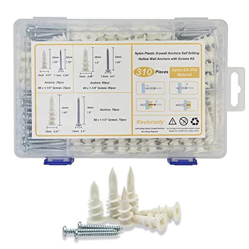 3 Sizes Self Drilling Drywall Anchors, 310PCS Nylon Plastic Wall Anchors and Screws for Drywall, No Pre Drill Hole Preparation Required,13x32mm,15x33mm,13x42mm 3