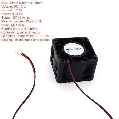 JZK 40 x 40 x 28 mm DC 12 V Mini Cooling Fan 40 mm with 2-Pin Plug, 15000 rpm, 0.27 A, 4028 Ball Bearing Small Brushless DC Fan 4 cm for Cooling or Ventilation, 3D Printer Fan