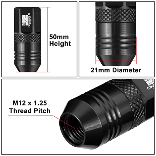 J2 Engineering J2-LN-T7-040-125-BK M12 x 1.25 T6-7075 Aluminum 50mm Open End Lug Nuts w/Deep Drive Extension Adapter,Black,21mm x 50mm