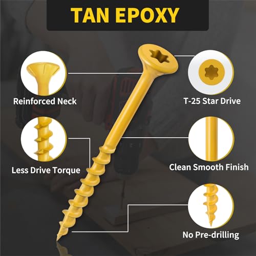 Deck Screws #8 x 2, 310+310pcs, Tan and Brown Epoxy Coated, T25 Star Bit Above 1500 Hour Salt Spray Coating Outdoor Decking Screws Excellent Rust Resistant for Outdoor Wood Fence