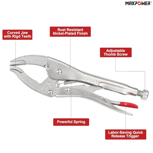 MAXPOWER Locking Pliers, 10-inch Curved Jaw Locking Plier Set, Adjustable Opening Maximum Capacity 2.5"/65mm, Large Jaw Locking Pliers, 2 Pack 10" large jaw