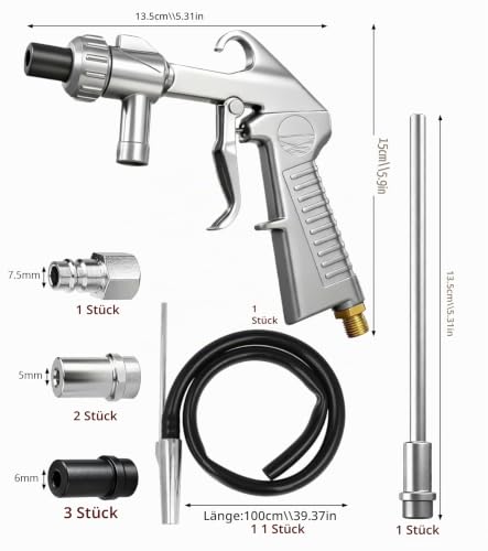 Sandblasting Gun Compressed Air Set, Sand Blasting Devices with Long Nozzle, 5 mm/6 mm Calibre, Suction Conveyor, 1 M Rubber Hose, Air Intake Connection, Degreaser and Blasting Agent for Surface Treatment