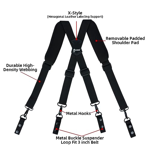 KUNN Tactical Duty Belt Suspenders with Metal Hook,Men Padded Police Harness for Duty Belt,Black + Small Tool Pouch with Belt Clip, Utility Tool Organizer with Tape Measure Holder