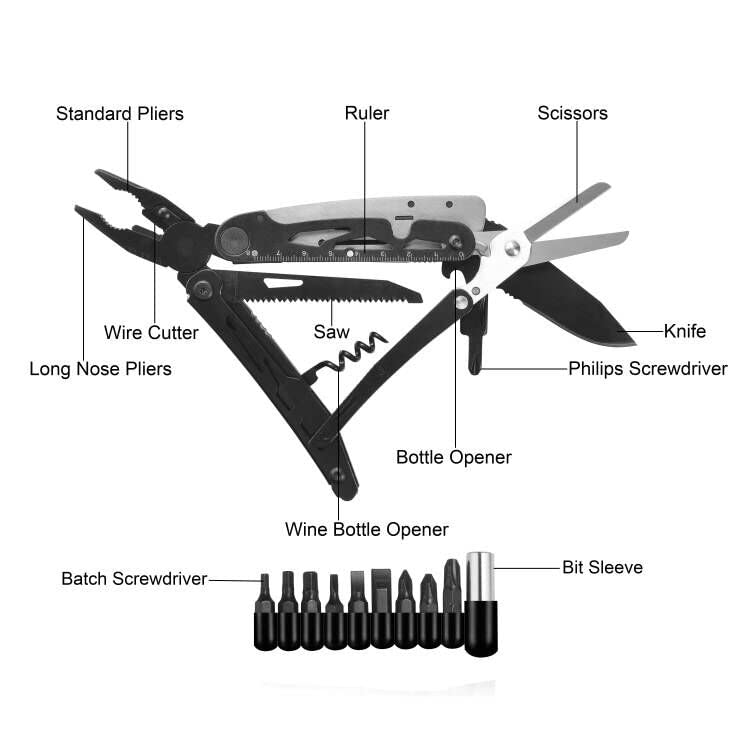 RoverTac 18-in-1 Multitool Pocket Knife with Pliers, Saw, Corkscrew & Detachable Scissors, Multi Tool with Safety Lock, 9 Screwdriver Bits, Camping Gear, Gifts for Men Black