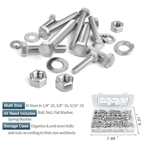 Stainless Steel Hex Head Nuts and Bolts Assortment Kit, 246PCS 1/4-20, 5/16-18, 3/8-16 Assorted Nuts Bolts and Flat & Spring Lock Washer with Box