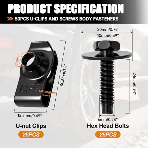 mankk 50PCS M4.2-1.41 (#8) Fender Liner Splash Shield Bolt Screw and Clips and M6-1.0 Fender Liner Screw and U-Nut Clips Kit