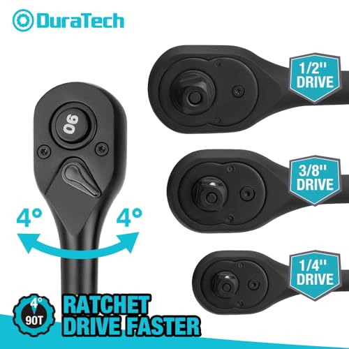 DURATECH 3-Piece Drive Ratchet, 90-Tooth Quick-release Ratchet Wrench Combo Kit (Black)