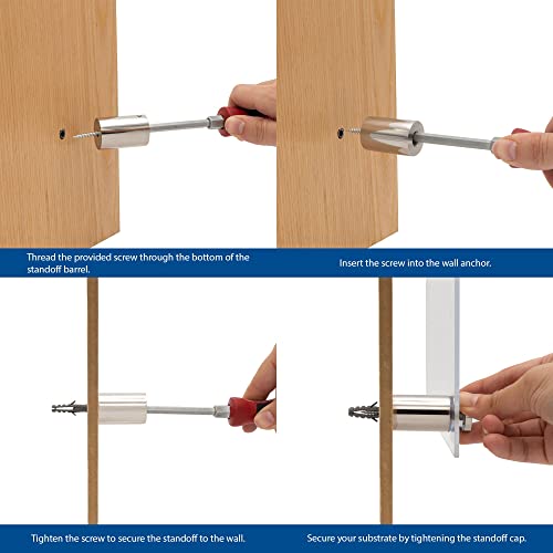 Stainless Steel Standoff 3/4 Inch Diameter x 2 Inch Barrel Length Brushed Finish for PVC, Glass and Acrylic Sign Stand Off Wall Anchors and Screws 4 Piece Pack for Heavy Signs