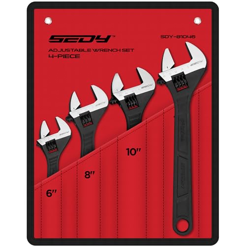 Adjustable Wrench Set Wrenches Sets: 4-Piece 6, 8, 10, 12 Inch Chrome Vanadium Steel Corrosion-Resistant Black Oxide Finish for Automotive Plumbing and Household Repairs 4 PCS Professional Set (6",8",10",12")