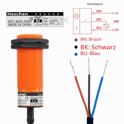 Heschen Capacitive Proximity Sensor M30.1-20 mm Detection Distance, 10-30V DC, 200mA, 3-Wire (PNP NO, SZC-M30-20DP) PNP NO