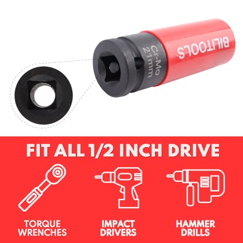 BILITOOLS 1/2 inch Drive Impact Lug Nut Socket Set& 1/2" Drive Deep Axle Nut Spindle Impact Socket Set | 12 Point | CR-MO | 14-17 - 19-30 - 32-34 - 35-36 mm