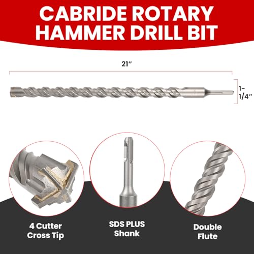 1-1/4 X 21 in SDS Plus Bits, Rotary Hammer Drill Bits, Carbide, Masonry Drill Bits for Concrete, Stone, SDS Plus Hammer Double Flute, Masonry Drill Bit, Concrete Drill Bit 1-1/4 in 21 inch long