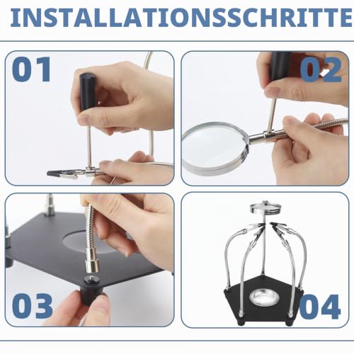 Third Hand Soldering with 3 x Magnifying Glass Soldering Aid Magnetic Helping Hand Soldering Circuit Board Holder Tool Model Making Accessories Four Arms Helping Hands for Soldering and Crafts Workshop Helping Station A