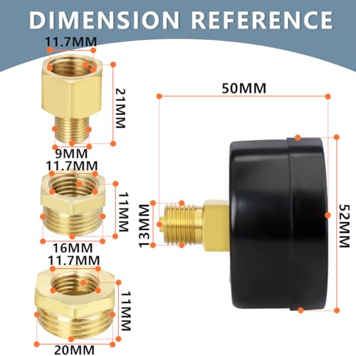1-Pcs 50 mm Well Pump Pressure Gauge BSP 1/4 Inch 0-14 Bar 0 ~ 200 Psi with 2 Pieces Socket 1/4 Inch to 3/8 Inch, 1/4 Inch to 1/2 Inch and 1 Piece Hex Nipple Reducing 1/4 Inch to 1/8 Inch, Teflon Tape, Axial 50MM, 14bar(200psi)
