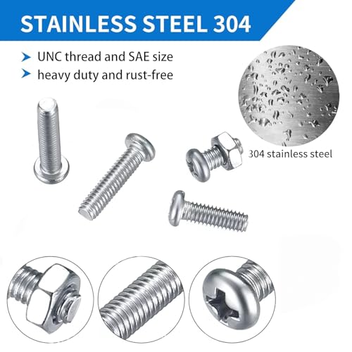 725Pcs Stainless Steel Machine Screw Assortment Kit - Phillips Pan Head #10-24, #8-32, #6-32, #4-40 with Matching Nuts, Bolts & Flat Washers in Reusable Storage Case
