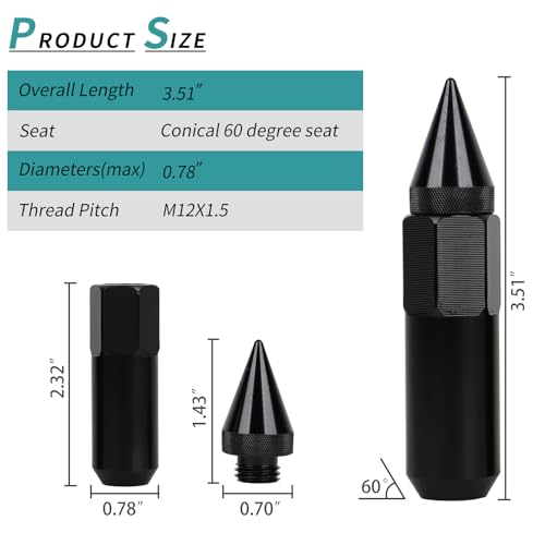 M12x1.5 Spikes Lug Nuts, 60mm Aluminum Wheel Nuts 20pcs Black