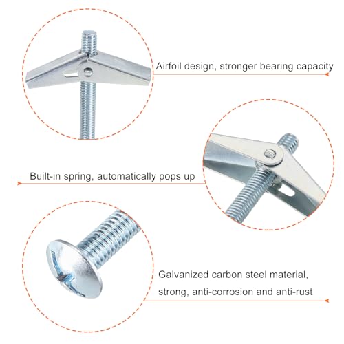 uxcell 20Pcs Spring Toggle Bolt Anchors, 3/8"x3" Butterfly Anchors Male Thread Spring Loaded Hollow Wall Round Head Toggle Bolt 3/8"x3" 20