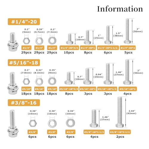 212Pcs Nuts and Bolts Assortment kit,1/4-20, 5/16-18, 3/8-16 Stainless Steel Machine Screws Set，Assorted Bolts Nuts and washers kit with case