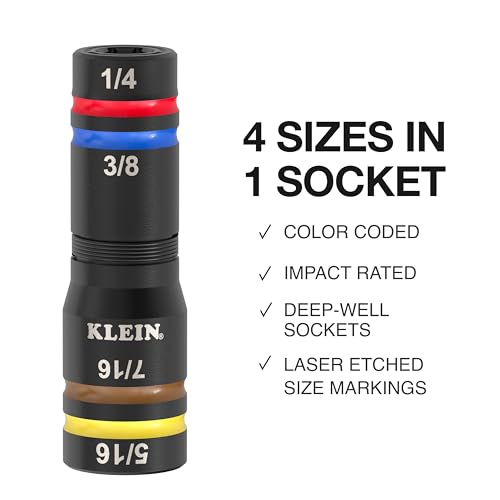Klein Tools 653QS KNECT Quad Socket, 12 Sizes in 3 Sockets, 4-in-1 Color Coded SAE Impact Rated, Heavy-Duty, 1/4- and 3/8-Inch Drive, 3-1/2- and 6-1/2-Inch Shaft 12 SAE Sizes