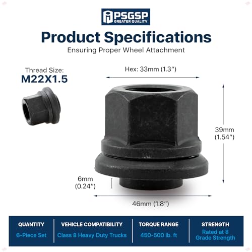 6mm Black Sleeve Lug Nuts, Hub Piloted, Single, M22x1.5, 6pcs 6mm Sleeve Nuts-M22x1.5 6