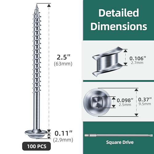(8Sets) 3/8" x 6" Hex Head Lag Bolts & 100Pcs #8 Pocket Hole Screws 2-1/2 Inch, Heavy Duty Lag Screws with Washers, Self-Tapping Tip Square Drive Wood Screw for Furniture with 150mm Drill Bit