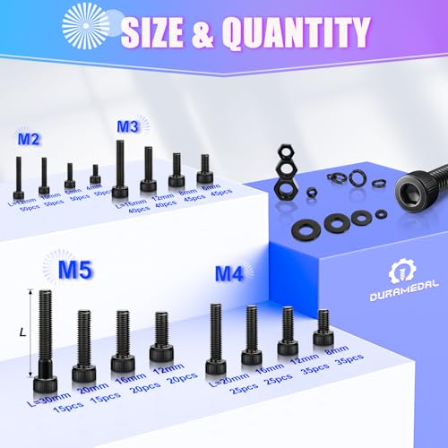 2240PCS Metric Screw Assortment M2-M5 & 470PCS Brass Heat Set Threaded Inserts M2-M6 Kit, 12.9 Grade Alloy Steel Hex Socket Bolts Black Zinc Plated with Allen Wrench for 3D Printing & Plastic Componen
