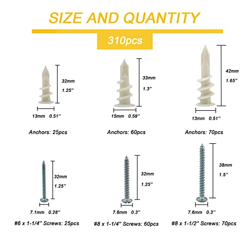 3 Sizes Self Drilling Drywall Anchors, 310PCS Nylon Plastic Wall Anchors and Screws for Drywall, No Pre Drill Hole Preparation Required,13x32mm,15x33mm,13x42mm 3