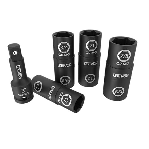 LEXIVON Lug Nut Impact Socket Set, 1/2-Inch Drive | Innovative 8-IN-4 Flip Socket Design, Covers Most Commonly Used Inch & Metric Wheel Nuts | Cr-Mo Steel = Full Impact Grade (LX-110) 1/2" sockets Set, to 17 19 21, 22mm, 3/4", 13/16", 7/8", 15/16