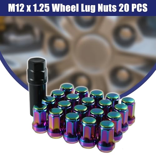 ACROPIX M12 x 1.25 Car Lug Nuts Cone Seat Closed End Bulge Acorn Hex Wheel Nut with Socket Key Multicolor - Pack of 20