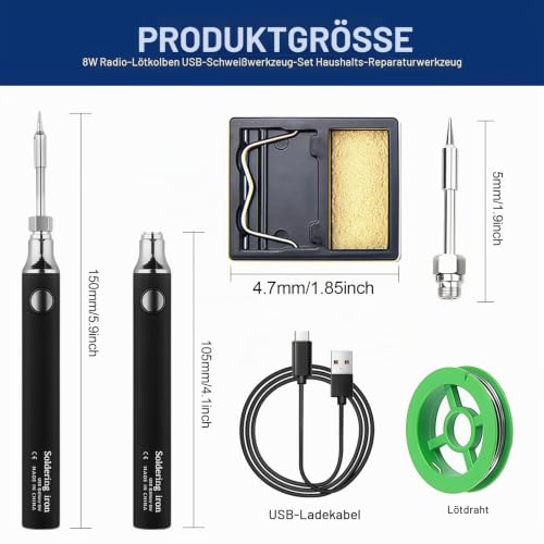 USB Wireless Soldering Iron Set - 3 Temperature Levels (330°C - 450℃) Including Safe & Easy for Electronic Repairs (Black), Improved Version