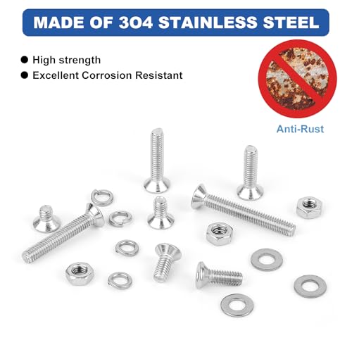 206 Pcs Metric M6 Flat Head Hex Socket Cap Screws Assortment Kit, M6x 10/12/16/20/25/30/40mm Internal Hex Drive Allen Bolts Nuts and Washers Set, 304 Stainless Steel, Fully Threaded, Pitch: 1.0mm