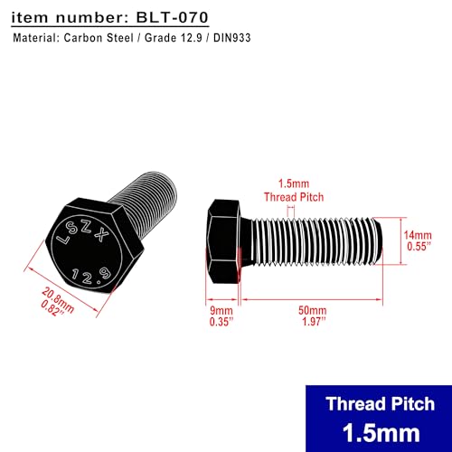 (Pack of 5pcs) M14 Thread Pitch 1.5mm Hex Head Screws Bolts, 40Cr Carbon Steel Grade 12.9, Metric Hexagon Head Bolts Full Thread (M14x50mm) M14x50mm