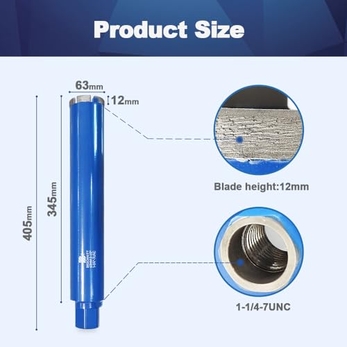 Wet Diamond Core Drill Bits 2 1/2"/63mm - BRSCHNITT Concrete Core Drill Bit, 1-1/4-7" Thread Core Bit Turbo Laser Welded Segments with Rebar, Brick, Block, Masonry, Stone 1 1/2"(63mm)