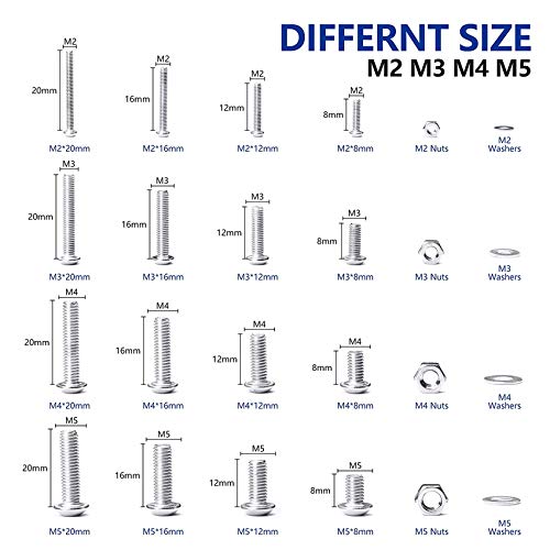 NINDEJIN M2 M3 M4 M5 Stainless Steel Hex Socket Head Cap Screw Bolts & Flat Washers & Nuts Assortment Kit (Socket Head + Round Head)