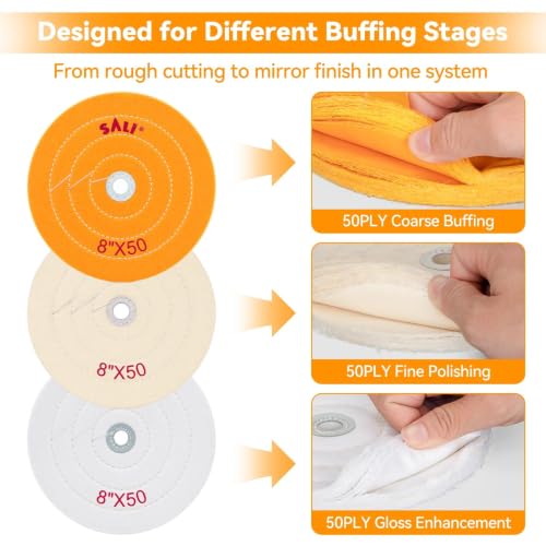 SALI 3 Pack Polishing Wheel for Bench Grinder Buffing Wheel 8 inch Yellow-Coarse White-Medium White -Fine (50 Ply) for 5/8'' Arbor Buffer Polisher Polish Pad Multi
