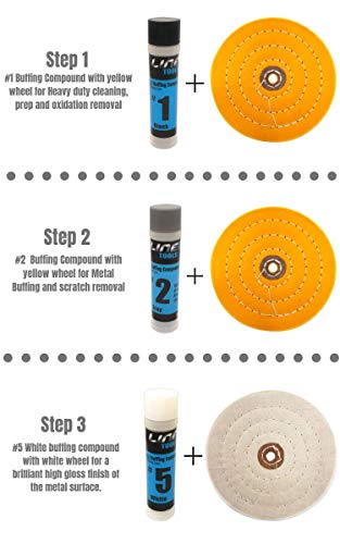 LINE10 Tools 6-Inch Buffing Polishing Wheel Kit for Bench Grinder and Drill, 3-Step Metal Buff Compound, Aluminum, Chrome, Stainless Steel Buffer Drill Adapter Auto Rim Trim Golf Club Restoration