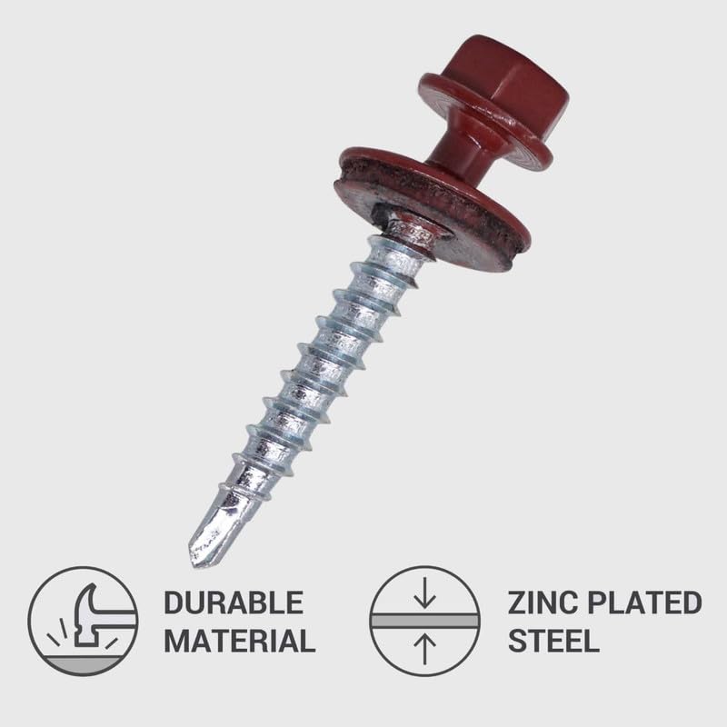 (Pack of 250 pcs) Metal Roofing Screws, 3/16 x 1-3/8 (4.8 x 35 mm) Painted Self-Drilling Screws with EPDM Washers, Sheet Metal Hex Screw, Oxide Red RAL 3009 3/16 x 1-3/8 (4.8 x 35 mm)