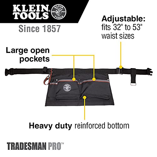 Klein Tools 5244 Tool Apron, Tape Thong and Four Reinforced Pockets for Hand Tools, Waist Size 32 to 53-Inch & 5225 Tool Belt, Adjustable Electrician Belt is 2-Inch Wide, Adjusts for 48-Inch Waist Pockets + Tool Belt
