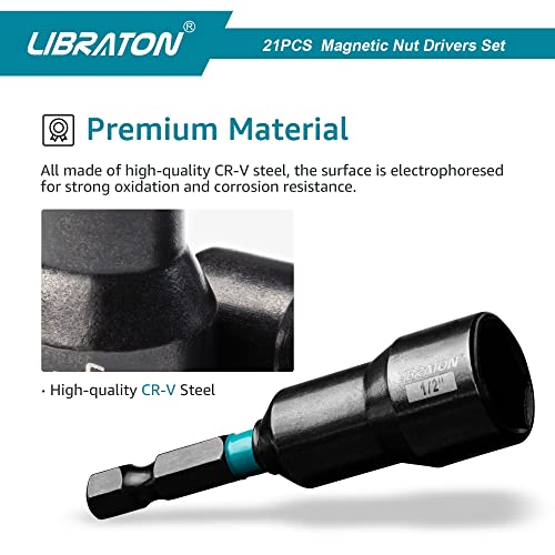 LIBRATON 21PCS Magnetic Nut Driver Set, Impact Drill Driver Bit Set 1/4"